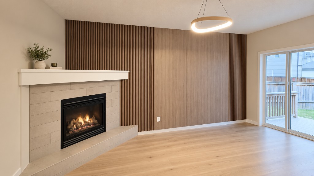 Living room feature wall and fireplace after a Calgary remodel