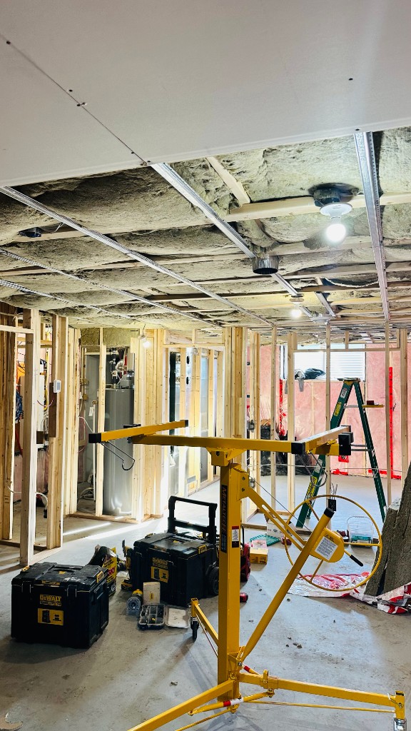 Basement ceiling drywall and insulation work