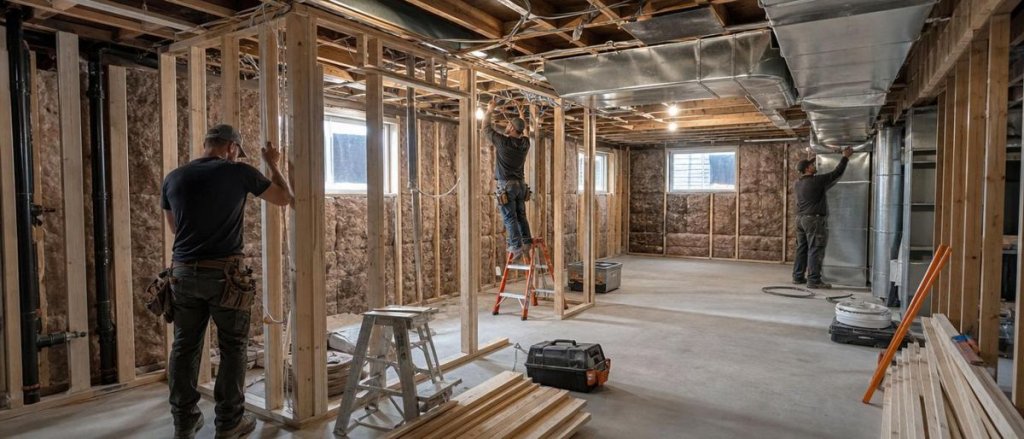 construction begins with framing, rough-ins, insulation